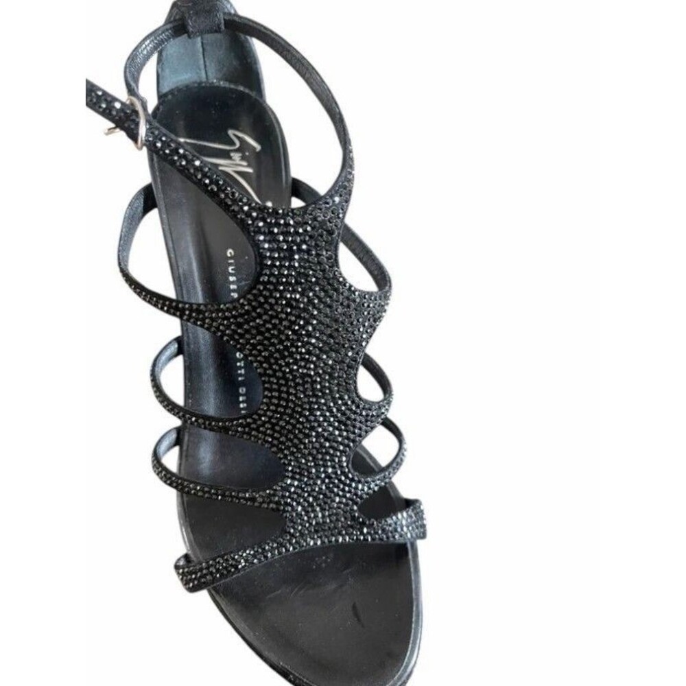 Giuseppe Zanotti Size 38.5 Black Suede Crystal Embellished Ankle Strap Sandals
